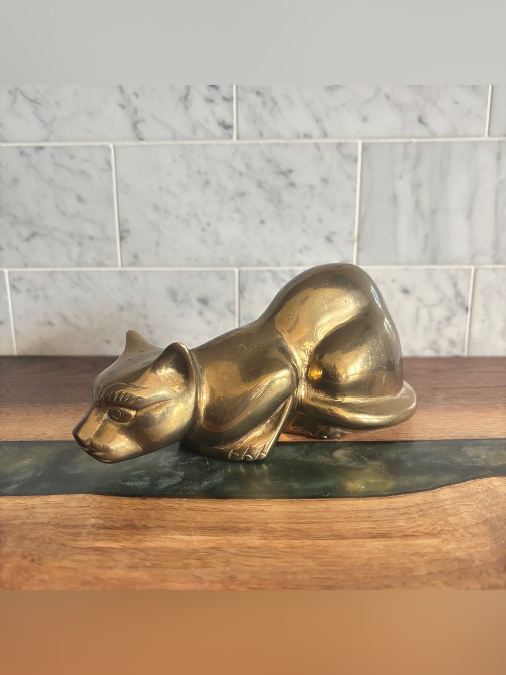 Vintage 6.25” Mid Century Brass Cat Crouching Figurine Sculpture
